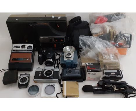 2 boxes of cameras and accessories and a projector to include a Fujifilm FinePix S5800, Kodak EK100, Kodak Instamatic S 30 an