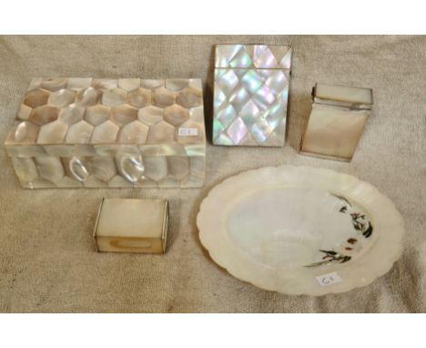 A group of 5 mother of pearl items to include 2 card cases, a box, a matchstick holder and a dish.  