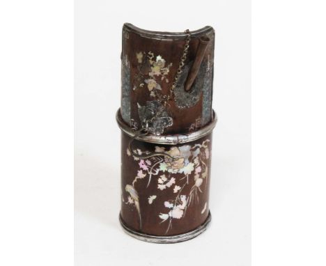 An oriental rosewood opium pipe, inlaid with mother of pearl and decorated with character marks.Condition:- General wear thro
