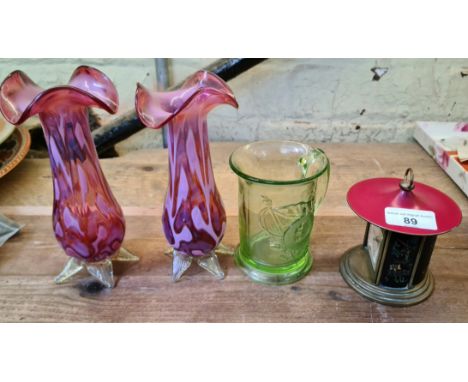 A mixed lot comprising a vintage clock modelled as a pagoda, a pair of Victorian glass vases and a pressed glass tankard.  