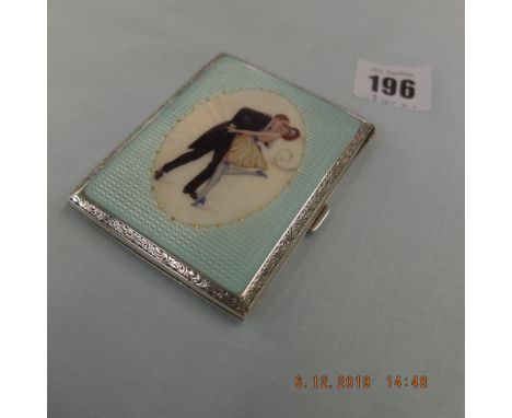 An art deco continental sterling silver &amp; guilloche enamel cigarette case with dancing couple, circa 1920 weight 110 gram