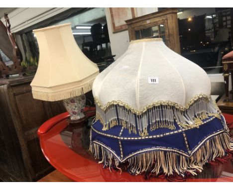 Three vintage lamp shades and two lamps