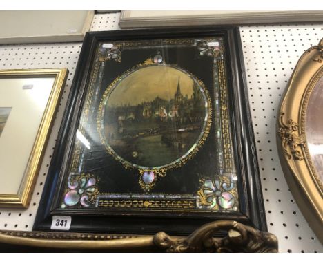 A framed 19th century framed Japanned panel with hand painted painting of Canes, inlaid with mother of pearl