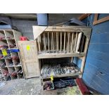 Wooden rack and wooden cabinet, with contents, various tools (keys, parakeets, hammers, among other