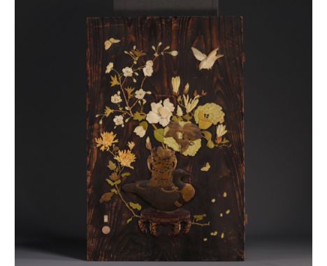Japan - Wooden panel decorated with flowers and birds, Meiji period. - Weight: 2.27 kg - Shipping available - Region: Japon -