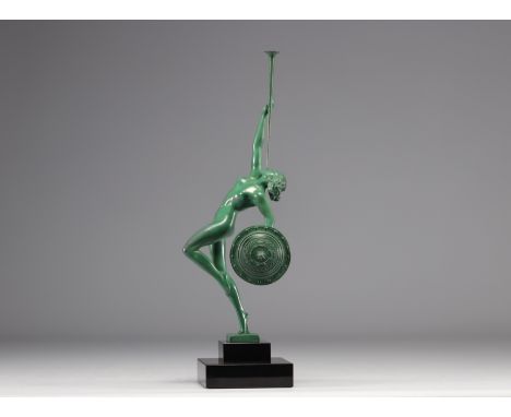Raymond GUERBE (1894-1995), Max LE VERRIER workshop, "Jericho" Art Deco sculpture with green patina, black marble base. Signe