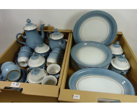 Denby 'Castille' tea, coffee and dinnerware; four teacups and saucers, two coffee mugs and saucers, seven dinner plates, six 