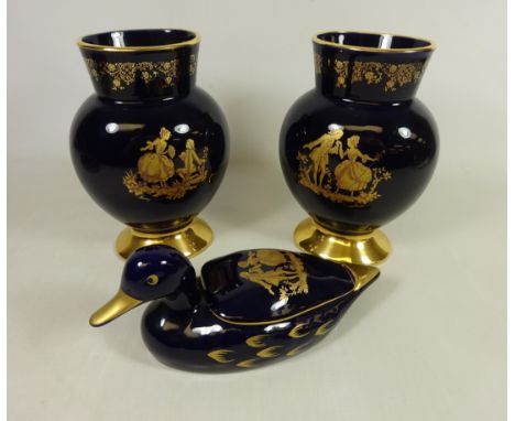 Pair of Limoges Castel vases H21cm and duck trinket box, with courting scene decoration in 22ct gold (3)   Condition Report  