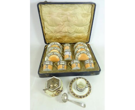 Noritake cased coffee set, Aynsley cabinet cup and saucer with hallmarked silver holder, Noritake sugar basin and a hallmarke