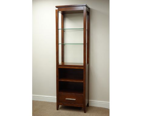 Mahogany finish free-standing display shelf, with single drawer, W57cm, H194cm, D36cm