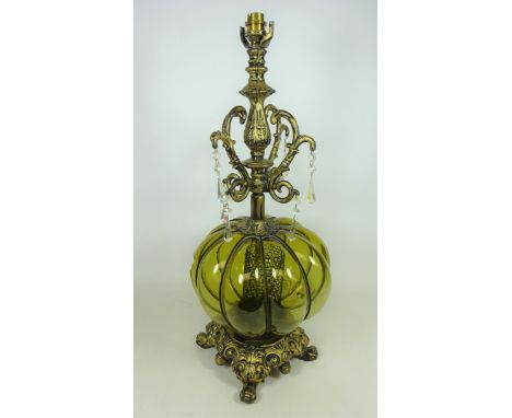 Gilt metal and green glass table lamp with glass lustres, H62cm  (This item is PAT tested - 5 day warranty from date of sale)