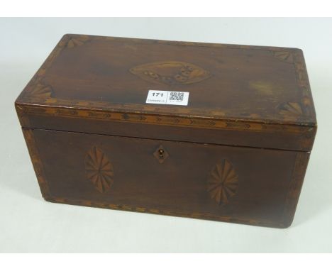 Early 18/ early 19th Century Sheraton type mahogany tea caddy with conch shell inlay and cross banding L27.5cm x H14cm    Con