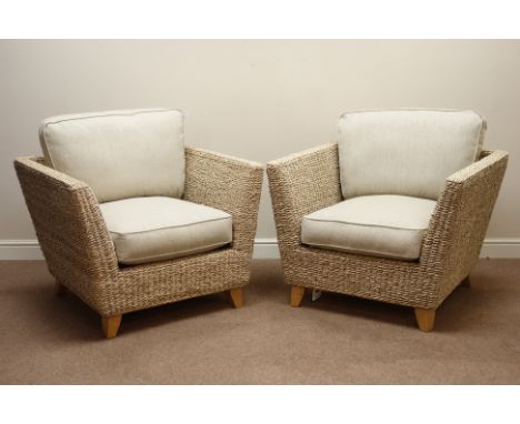 Pair rattan armchairs (W94cm), with loose cushions and matching square lamp table - 12 months old   Condition Report   Click 