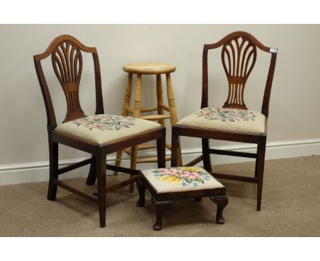 Pair country chairs with fret work back splats and tapestry seats, small oak stool with needlework seat and a beech kitchen s