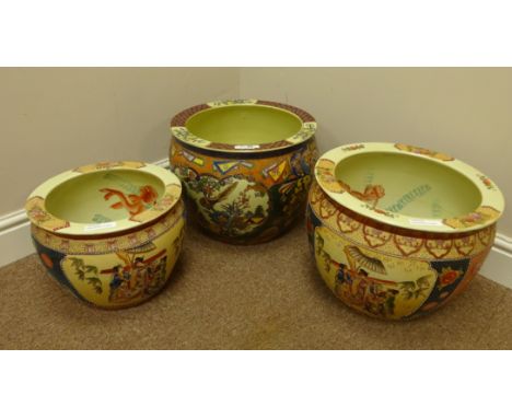 Three large oriental ceramic fish bowls/ planters, D37cm of largest     Condition Report   Click here for further images, con