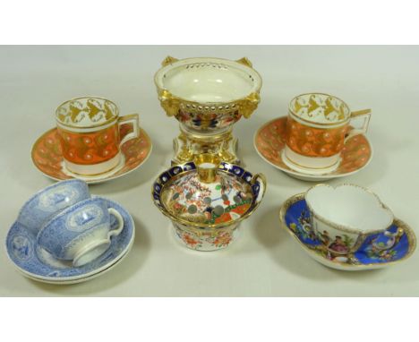 Early 19th Century Derby pot pourri base, two early 19th Century Derby coffee cans and saucers, 19th Century Spode pot pourri