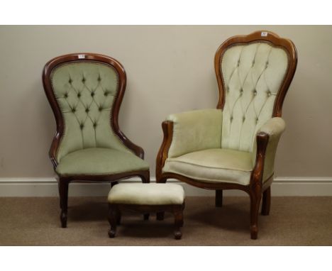 Two Victorian style upholstered armchairs and stool   Condition Report   Click here for further images, condition, auction ti