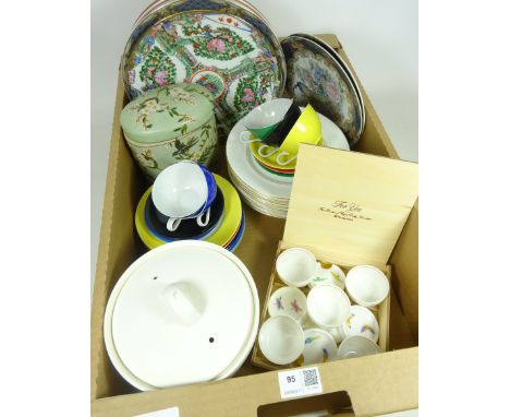 Eight Chinese decorative plates, a Chinese tea service, Sake cups box and cover etc in one box   Condition Report   Click her