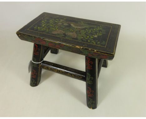 Victorian lacquered foot stool, with chinoiserie decoration, H18cm x W23.5cm    Condition Report   Click here for further ima