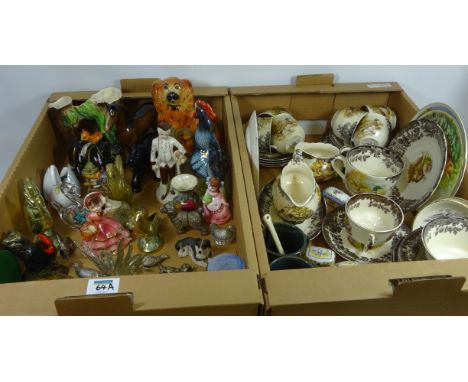 Palissy 'Game Series' teaware, 19th Century Staffordshire dog, brass bird door stops, Goebel figure, silver plates cockerels,