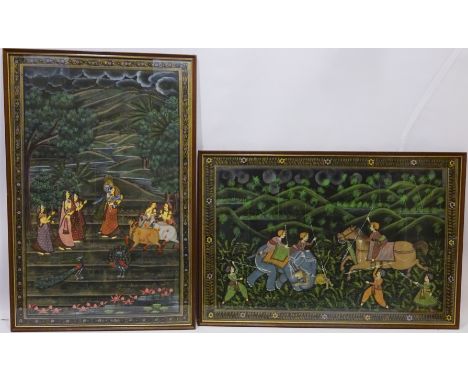 Oriental Hunting Scene and Ceremonial Scene, two 20th century paintings on fabric max 68cm x 45cm (2)    Condition Report   C