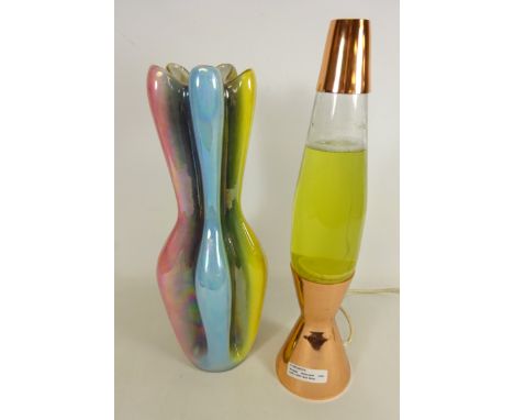Vintage multicoloured iridescent vase and a 1960's Astro style lava lamp with copper effect fittings (2)   Condition Report  