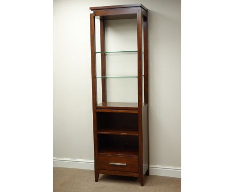 Mahogany finish free-standing display shelf, with single drawer, W57cm, H194cm, D36cm