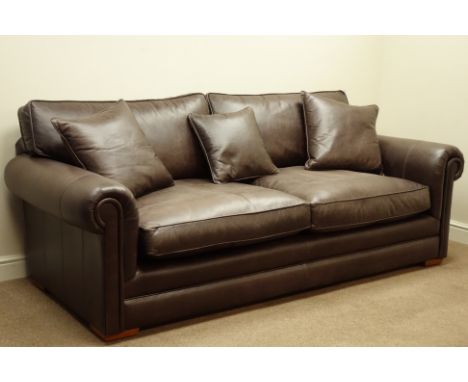 Large three seater sofa upholstered in brown 'Derwent' leather, with scatter cushions, W230cm   Condition Report   Click here