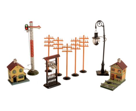  Two Bing 0 gauge Bavaria trackside buildings, Bing train destination ticket sign, Bing electric train controller, Bing Signa