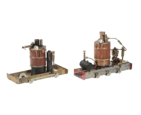  Two live steam 45mm gauge De Winter type steam Locomotives, both with central vertical boilers lagged in planked mahogany wi
