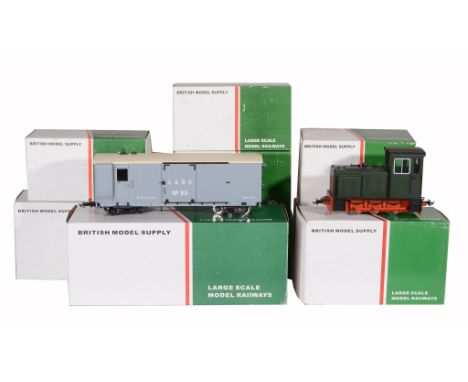  A collection of nine boxed BMS British Model Supply Large scale model railway items, A Baguley Drewery Diesel, Two L & B Fou