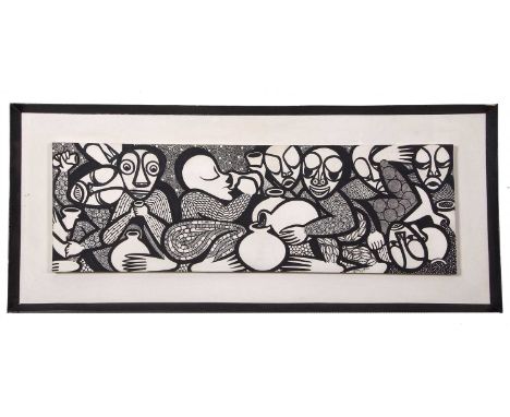 Stephen Ugoaru (20th century) Abstract/ aboriginal figures, monochrome oil on canvas, signed, dated, framed