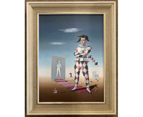 Norman Black (1920-1999), Harlequin and playing cards, oil on board, 29x39cm, framed39x29cmssurface dirt - needs cleaning