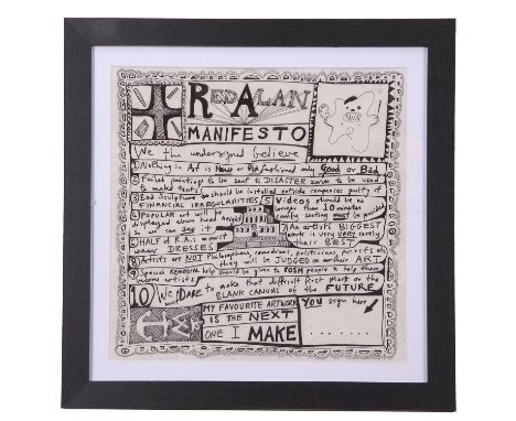 Sir Grayson Perry RA (b.1960), Red Alan Manifesto, digital print on cotton napkin, framed and glazed.