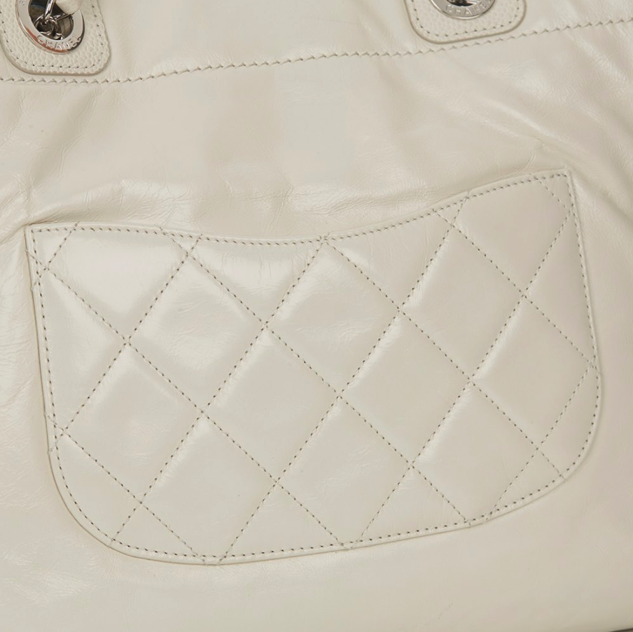 Chanel White Glazed Leather & Caviar Leather Small Deauville Tote This