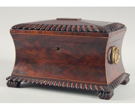 A VERY GOOD LARGE GILLOW MODEL MAHOGANY TEA CADDY opening to reveal Tunbridge type inlay in the top. Two tea caddies in thuya