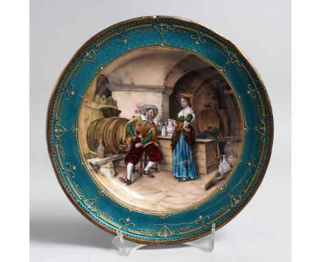 A SUPERB 19TH CENTURY VIENNA ENAMEL PLATE painted with an interior scene, a young lady serving a man as he sits in front of h