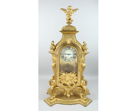 A SUPERB 19TH CENTURY FRENCH ORMOLU MANTLE CLOCK BY RAINGO, PARIS. The eight-day movement striking on a bell, with porcelain 