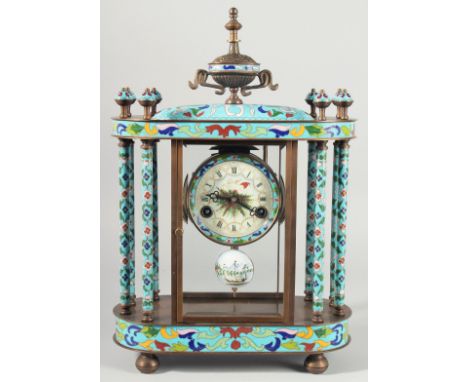 A CLOISONNE ENAMEL AND GILT METAL PILLAR CLOCK with urn finial. 18ins high.