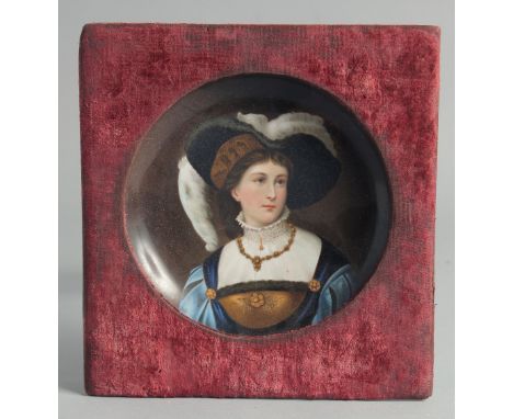 A CONTINENTAL PORCELAIN CIRCULAR PORTRAIT PLATE of a lady, in a velvet frame. 6.25ins diameter.