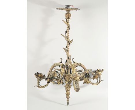 A VERY GOOD 19TH CENTURY FRENCH ORMOLU CHERUB CANDLESTICK with six scrolling branches.