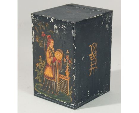 A SMALL CHINESE DESIGN SQUARE TOLEWARE TEA CADDY. 6ins high.