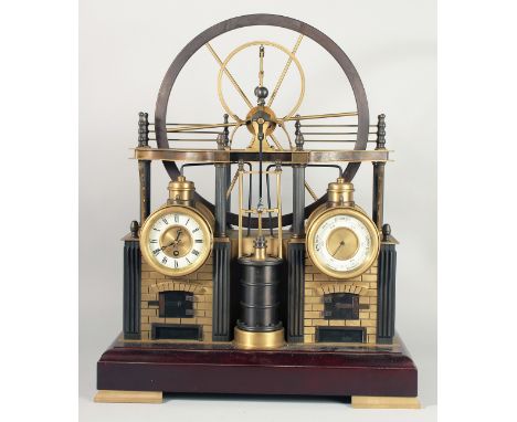 A LARGE INDUSTRIAL MARBLE AND METAL CLOCK with clock and barometer formed as a long wheel and pump. 24ins high.