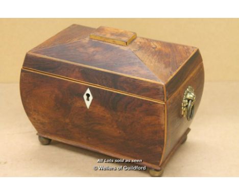 *George 3rd. Rosewood Tea Caddy, Satinwood String Inlay Two Handles, Four Feet- (Lot Subject To VAT) [LQD108]