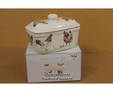 *COUNTRY CHICKEN FINE CHINA CERAMIC BUTTER DISH WITH BELL TOP LID DISHWASHER (LOT SUBJECT TO VAT) [LQD114]