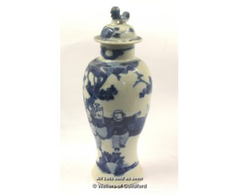 A 19th Century Chinese Blue and White Baluster Vase, The Lid With Dog Of Fo Finial, Decorated Figures In A Garden, Six Charac