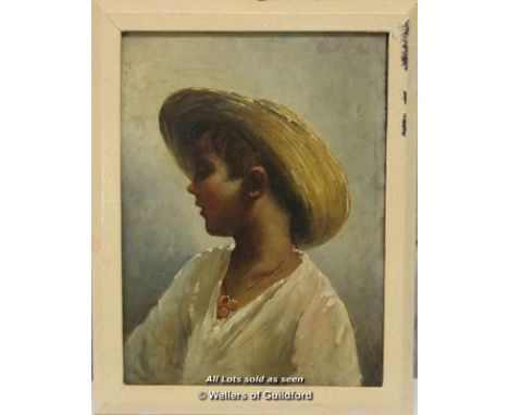 Oil on Board, Portrait Of A Young Boy In A Straw Hat, Unsigned, 19 X 14cm.