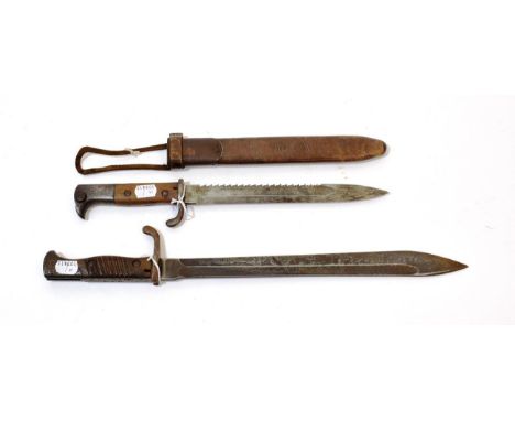 A German Short Model 1898 Knife Bayonet, the saw-back blade stamped with crown over ERFURT, with steel mounted leather scabba