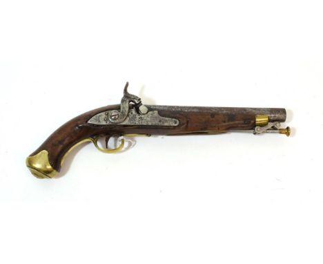 An 18th Century Percussion Naval Service Pistol, converted from a flintlock, the 22cm steel barrel with Tower proof marks, th