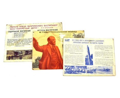 Three Early and Mid 20th Century Russian Propaganda Posters, each printed with various military vehicles and soldiers, one su